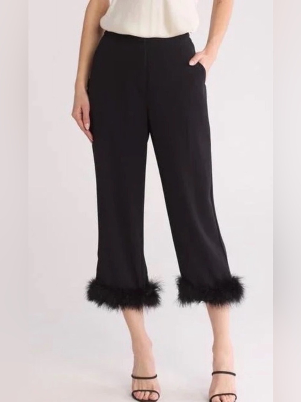 Wayf Wide-Leg Feather Hem Ankle Pants Black XS